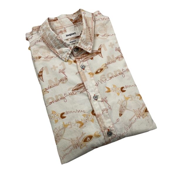 Desigual Mens Dress Button Up Shirt Trout Print Cream-M - Picture 3 of 12